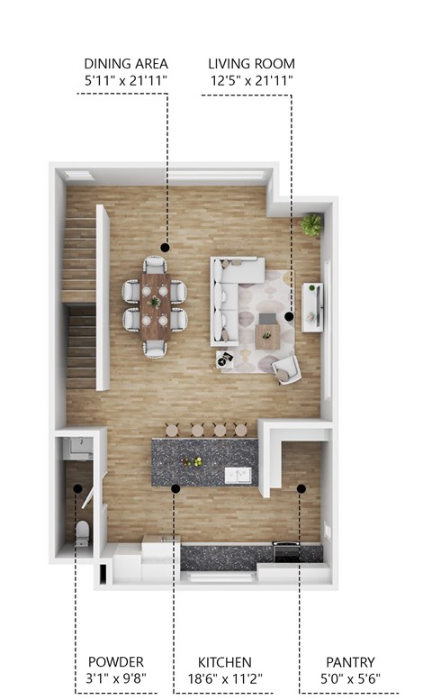 A floor plan of a small apartment with a living room, dining area, kitchen, pantry, and powder room.